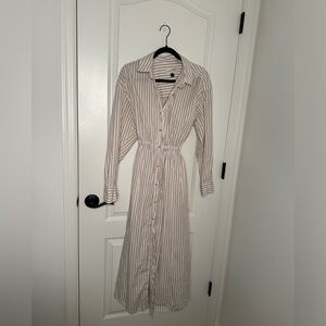 Striped long sleeve maxi linen dress, button down w/ collar